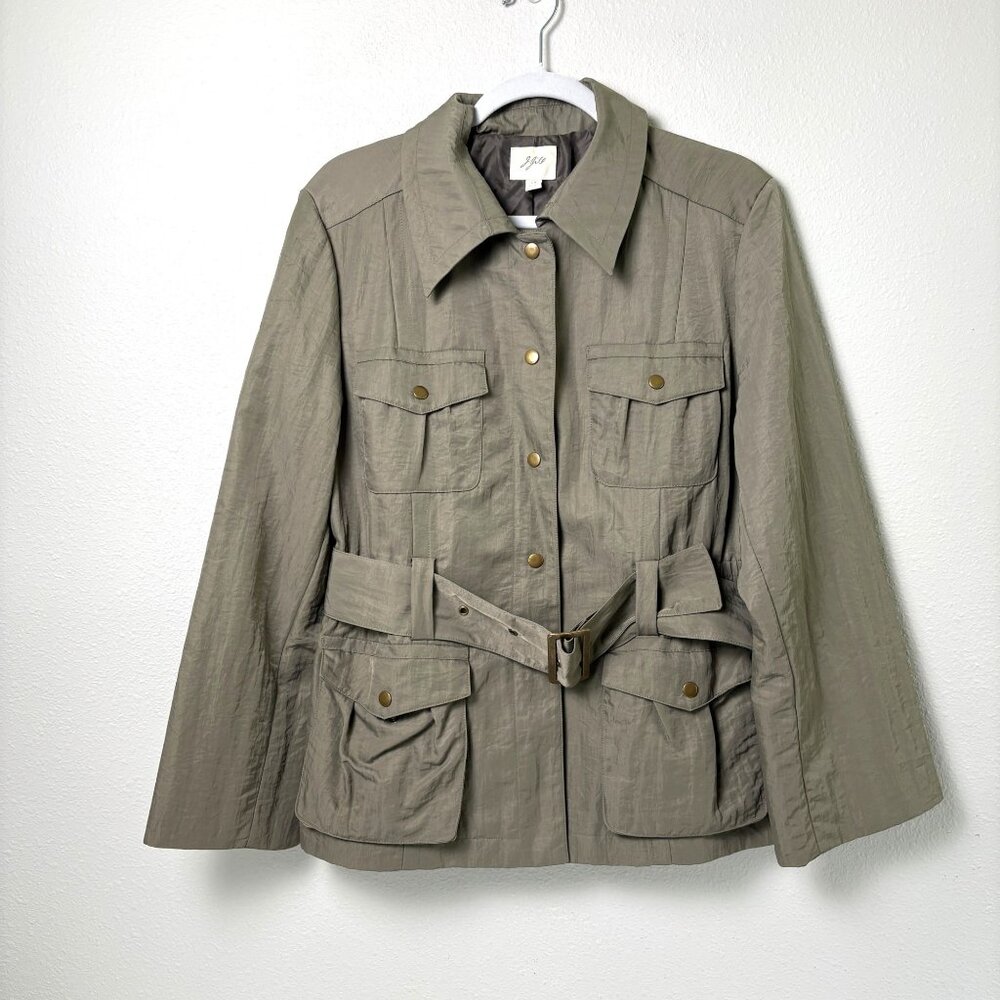 J. Jill Cargo Utility Jacket Women Petite L Green Belted Safari Snap Trench Coat